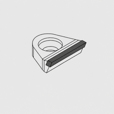 Isometric view of a rectangular block with a large circular bore and a long dark clamp aligned along its edge.